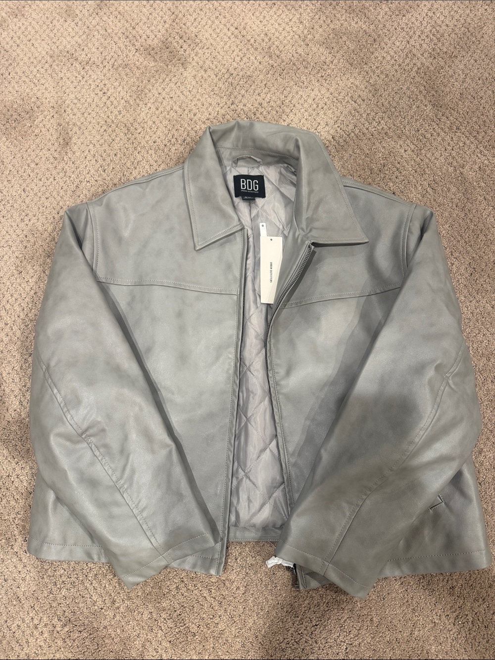 BDG Light Gray Quilted Leather Zip Jacket